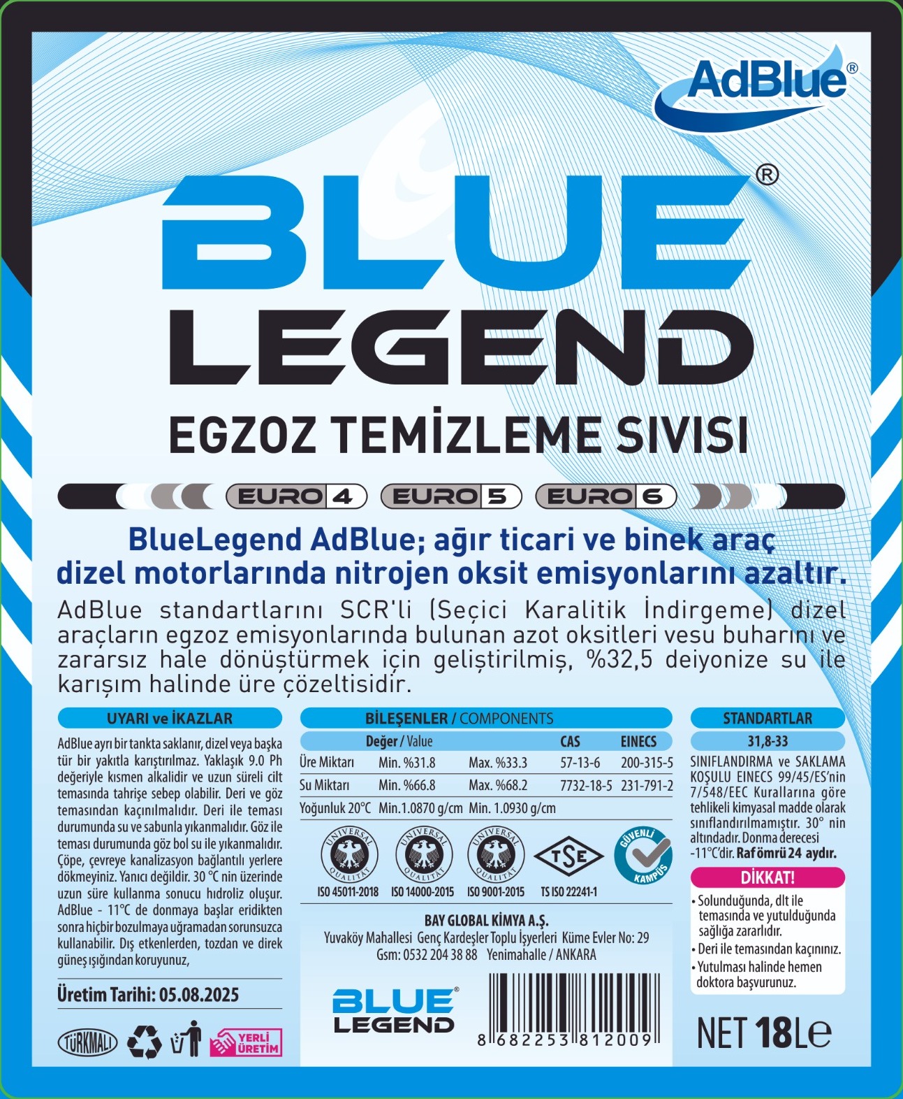 Bidon üzerindeki BLUE LEGEND AdBlue® ürün etiketi