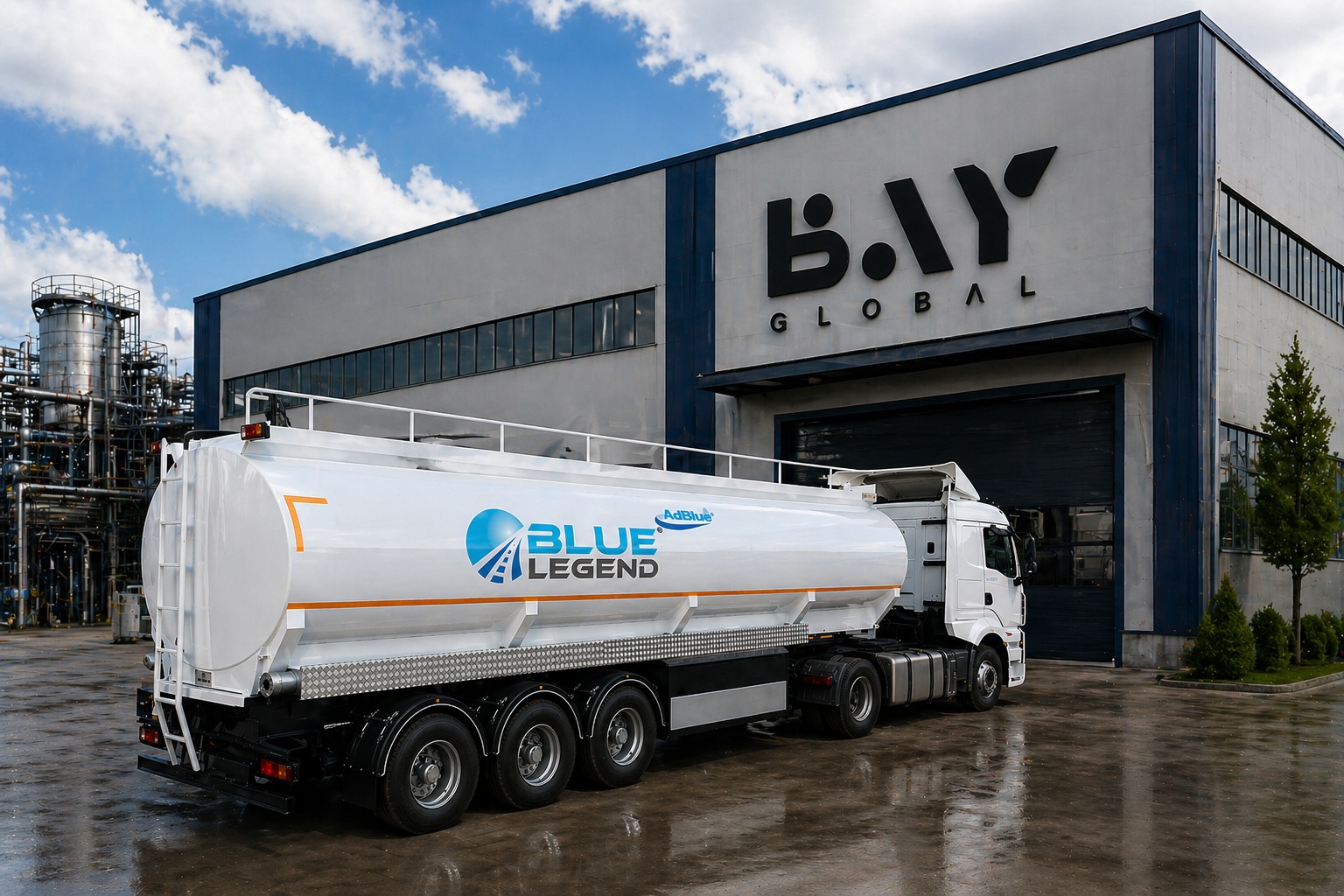 BLUE LEGEND AdBlue tankeri BAY GLOBAL üretim tesisinin önünde